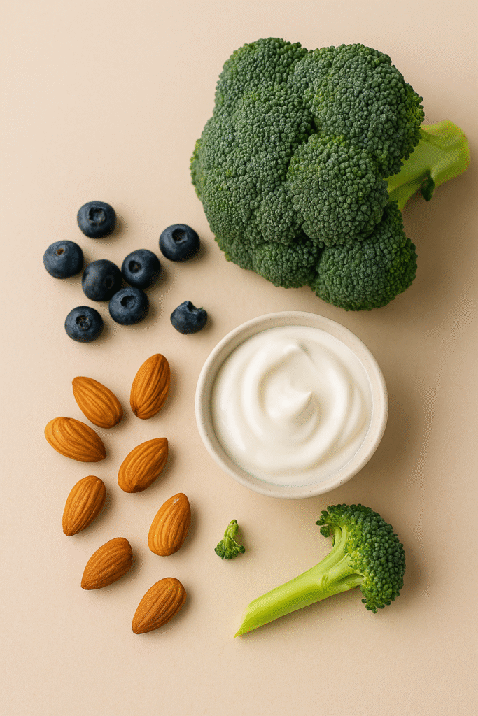 Alimentație corectă pentru un ten luminos și sănătos – afine, broccoli, iaurt și alune, recomandate pentru o piele hidratată și strălucitoare.