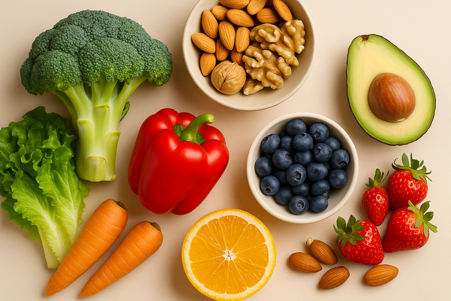 Gesunde Ernährung mit Gemüse, Nüssen und Früchten – Tipps für strahlende Haut und natürliche Hautpflege