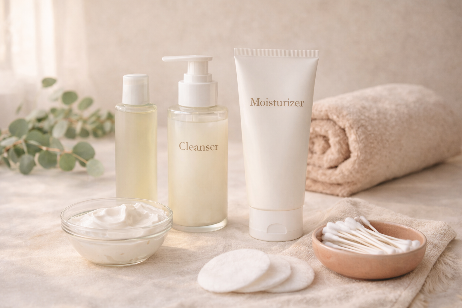 Morning skincare routine products including cleanser and moisturizer arranged naturally on neutral background