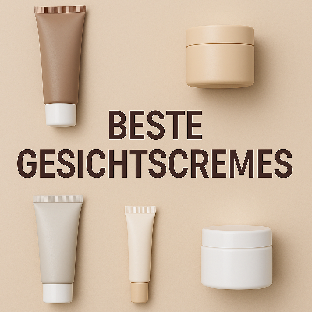 Beste Gesichtscremes ohne Duftstoffe und Alkohol – featured image auf beigem Hintergrund mit Pflegeprodukten