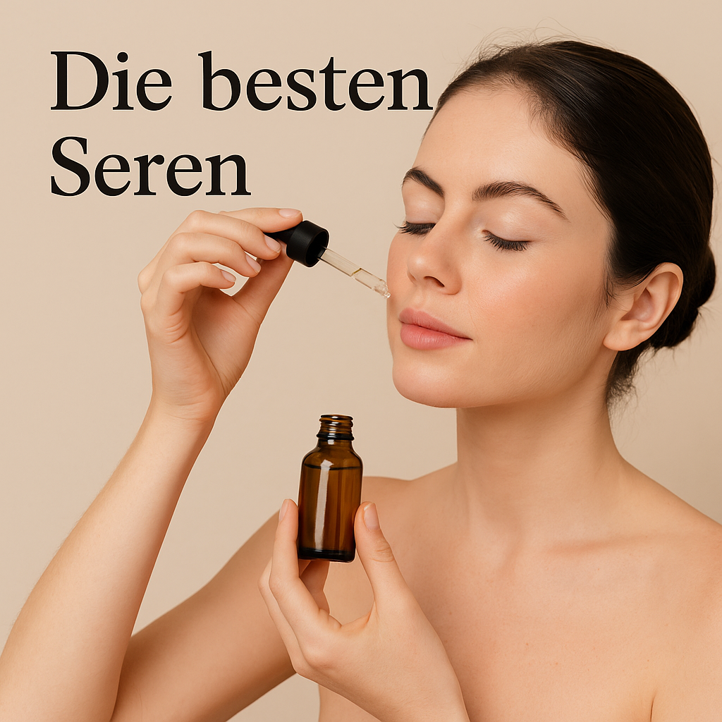 Beste Seren 2025 – junge Frau trägt mit Pipette ein Serum auf das Gesicht auf, Hautpflege mit Hyaluronsäure für Feuchtigkeit und strahlende Haut.