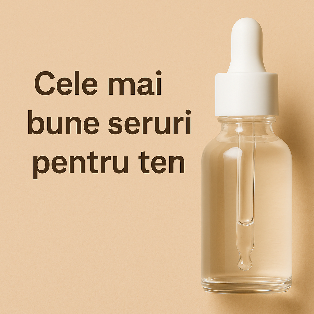 Cele mai bune seruri pentru ten prezentate elegant pe fundal bej cu sticluță de ser transparent cu pipetă