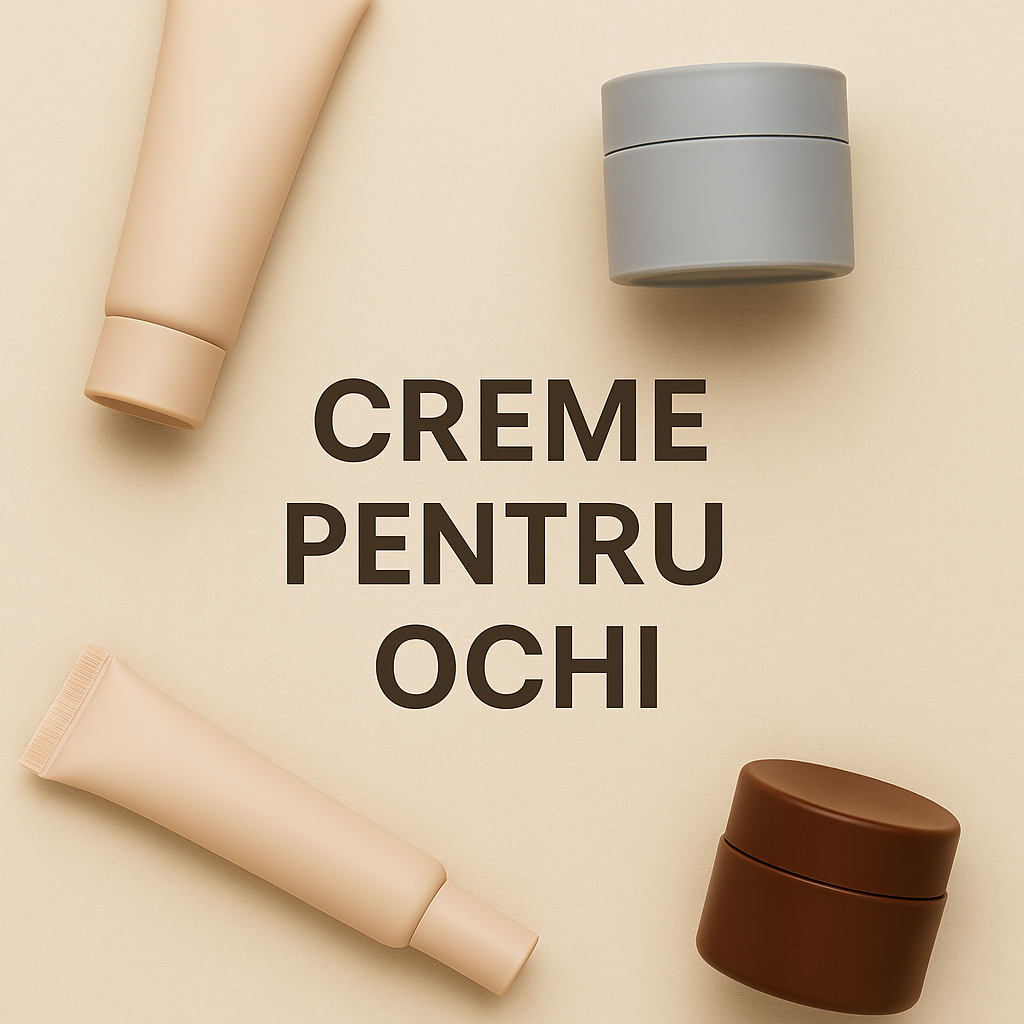 Creme pentru ochi – featured image cu tuburi și borcane minimaliste pe fundal bej
