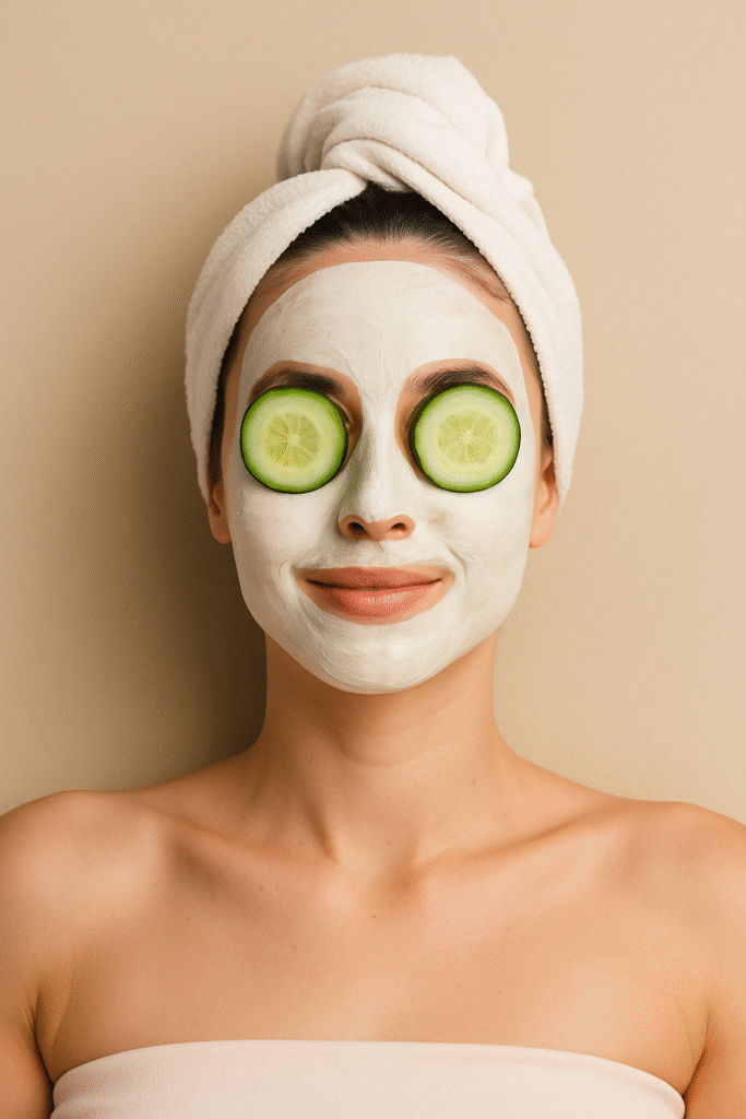 Young woman with a DIY face mask and cucumber slices on her eyes, relaxing during a natural skincare treatment.