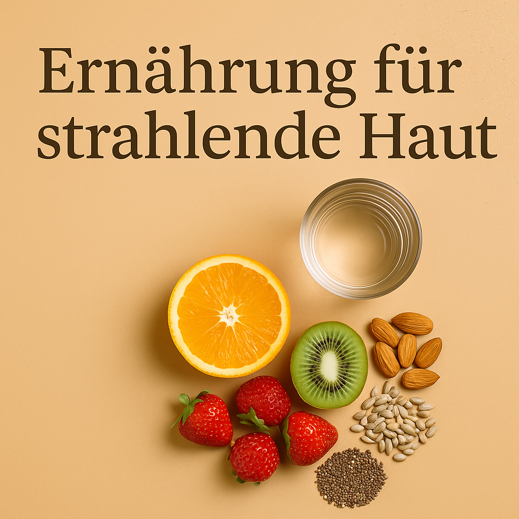 Orangenhälfte, Kiwi, Erdbeeren, Mandeln, Samen und ein Glas Wasser auf beigem Hintergrund – Ernährung für strahlende Haut