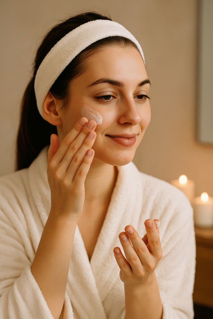 unge Frau trägt Creme auf ihr Gesicht auf, während sie ihre Abendroutine für die Haut macht, entspannte Atmosphäre mit warmem Licht