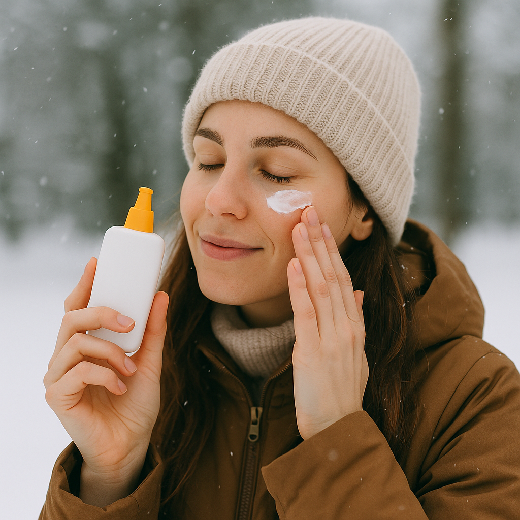 Beste Winter-Sonnencremes 2025 – junge Frau in Winterjacke und Mütze trägt Sonnenschutzcreme im Schnee auf, super effektiver Schutz gegen Kälte und UV-Strahlen.
