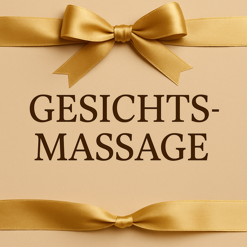 Gesichtsmassage Text auf beigem Hintergrund mit goldenen Schleifen oben und unten, elegantes Featured Image für Hautpflege-Artikel