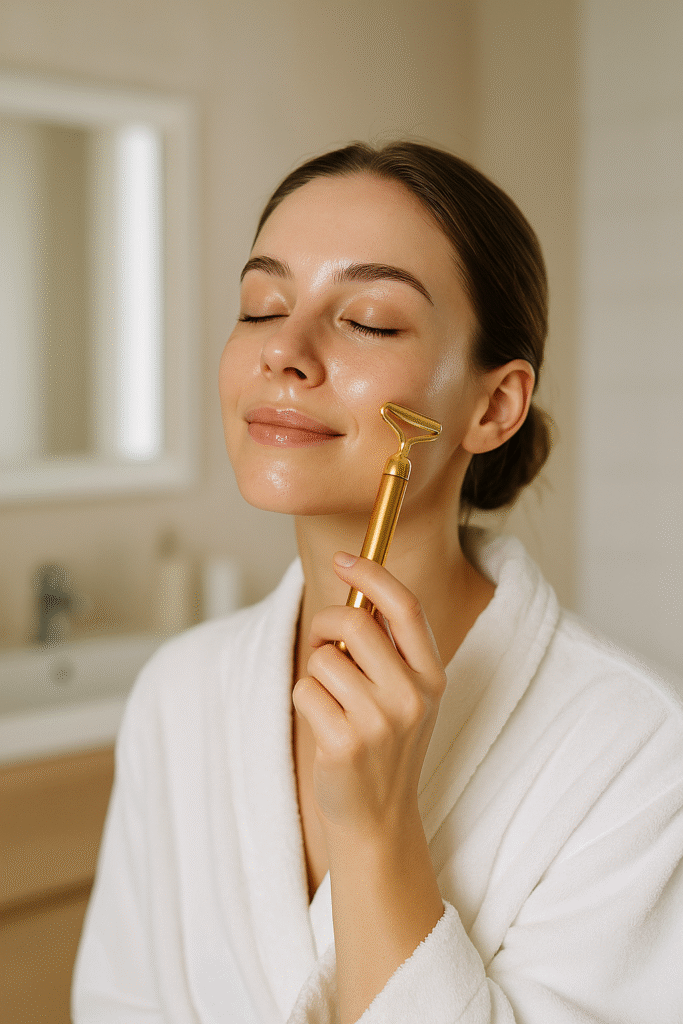 Frau macht Gesichtsmassage mit goldenem Roller im Badezimmer nach der Hautpflege-Routine, Haut strahlt gesund und entspannt
