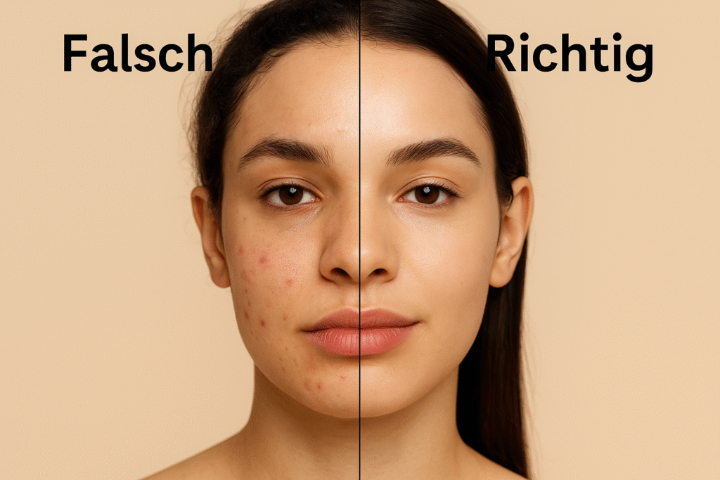Studiofoto einer geteilten Gesichtshaut: links falsch mit Unreinheiten und Trockenheit, rechts richtig mit gesunder, strahlender Haut – häufige Fehler in der Hautpflege.