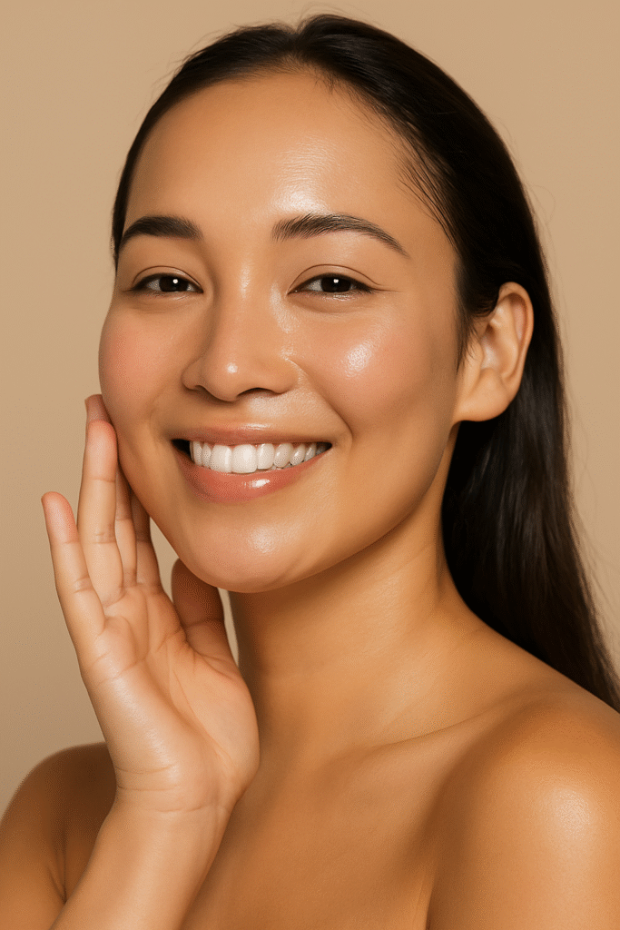 Portrait of a woman with glowing, healthy skin after morning skincare routine
