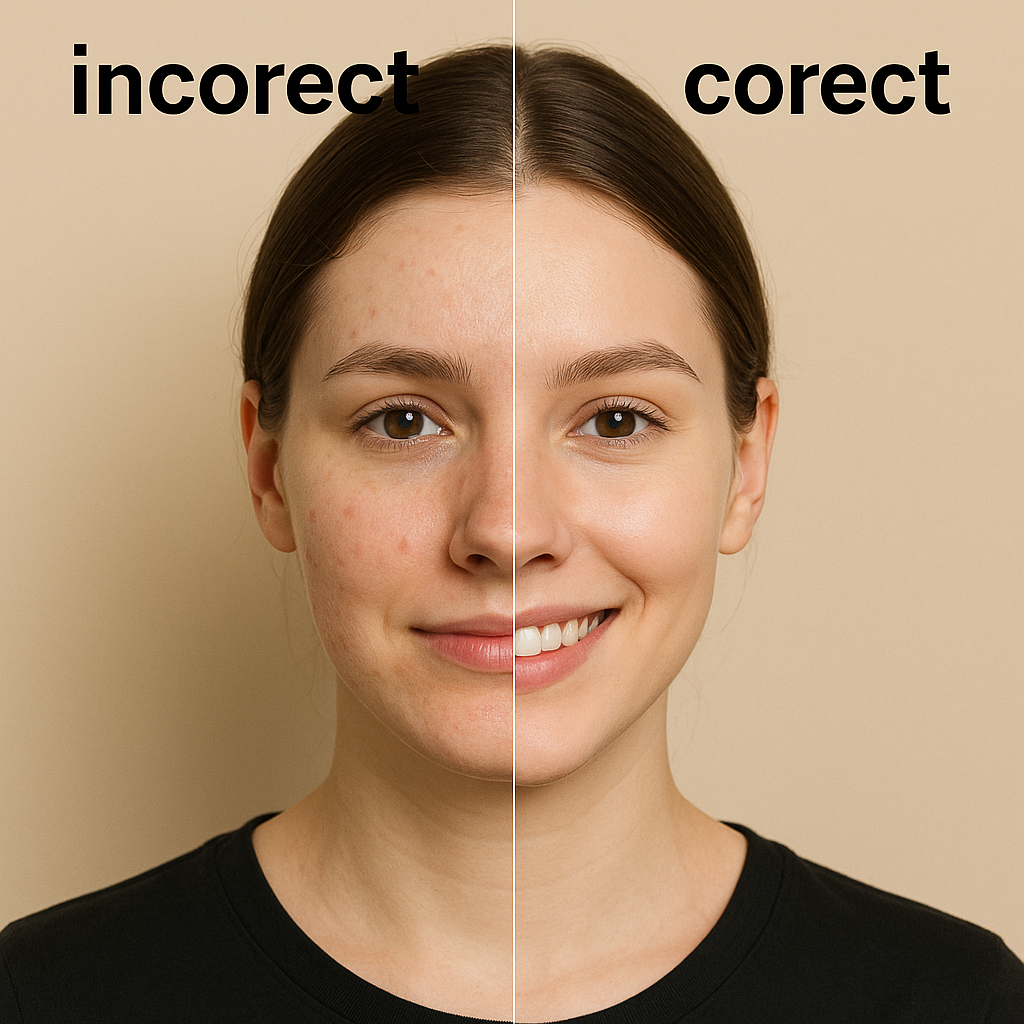 Ilustrație împărțită a unei fețe de femeie, cu partea stângă etichetată „incorect” având imperfecțiuni și partea dreaptă etichetată „corect” cu ten curat și luminos – exemplu vizual pentru articolul „Greșeli frecvente în îngrijirea pielii”.