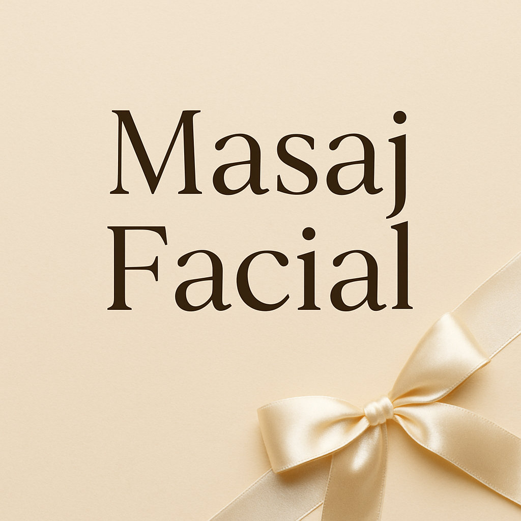 Imagine promoțională cu text masaj facial pe fundal bej elegant și fundă aurie, featured image pentru articol de îngrijire a pielii