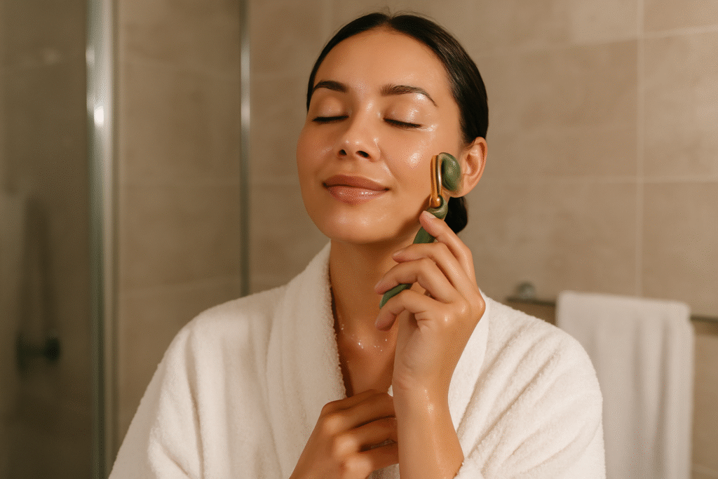 Femeie care își face masaj facial cu un roller în baie după rutina de skincare, având pielea strălucitoare și relaxată