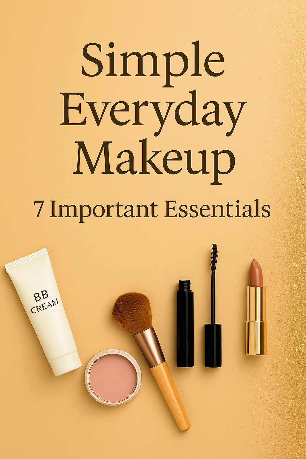 Makeup products on beige background with glitter – BB cream, powder, brush, mascara, lipstick – with text “Simple Everyday Makeup | 7 Important Essentials