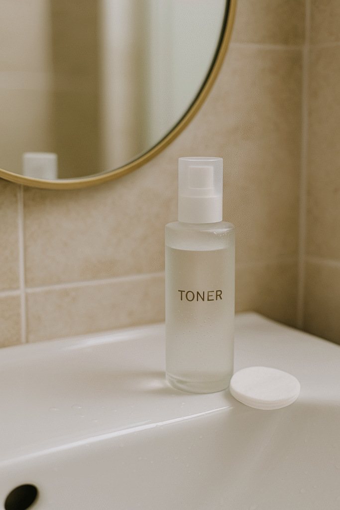 Classic toner bottle with cotton pad on bathroom sink, representing the best toners for daily skincare.