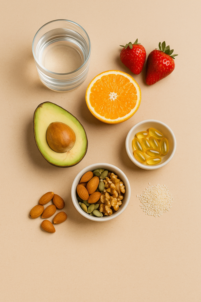 Fructe proaspete, avocado, nuci, semințe și capsule cu Omega-3 pe fundal bej – vitamine esențiale pentru o piele sănătoasă și strălucitoare