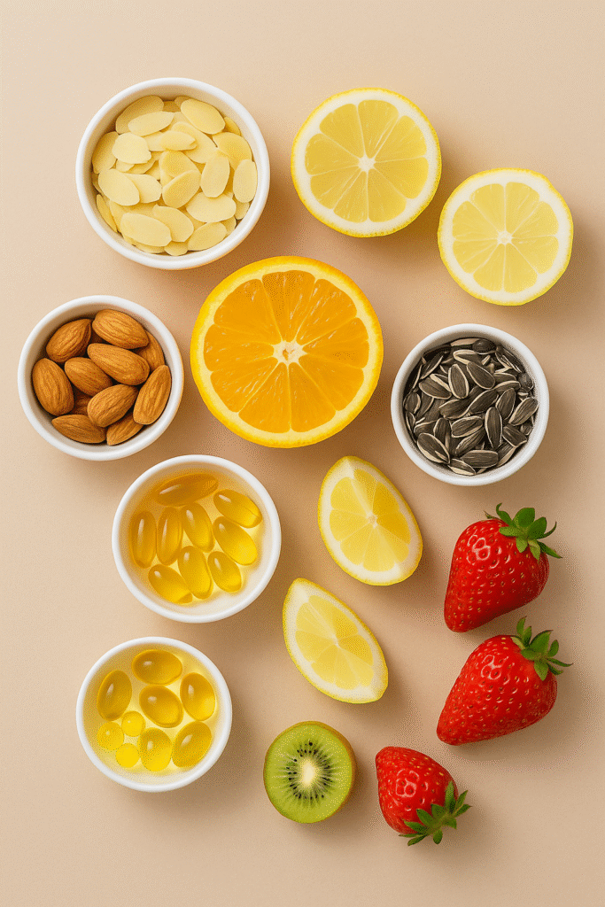 Omega-3-Kapseln, Vitamin-E-Kapseln, Orangen, Zitronen und Kiwi auf beigem Hintergrund – essentielle Vitamine für gesunde und strahlende Haut