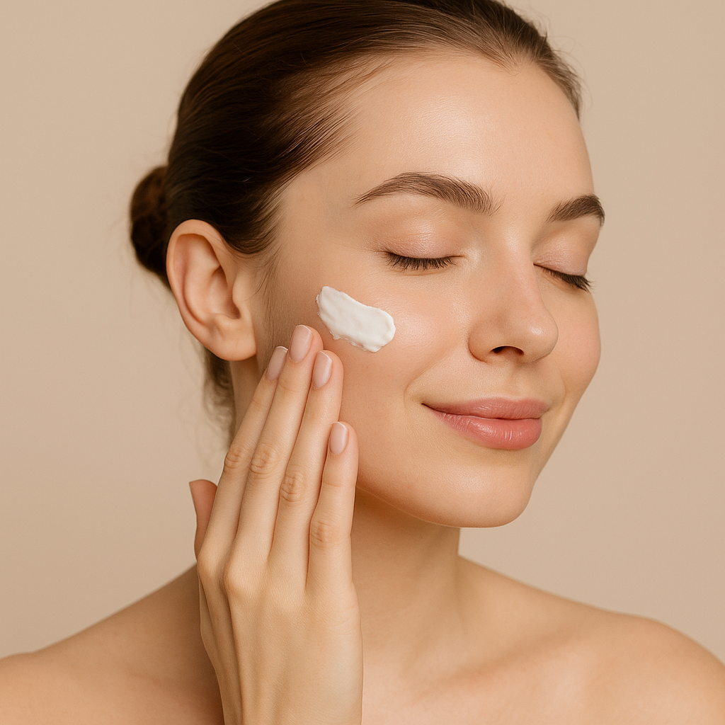 Young woman applying fragrance-free face cream on her cheek, showing smooth glowing skin on a beige background.