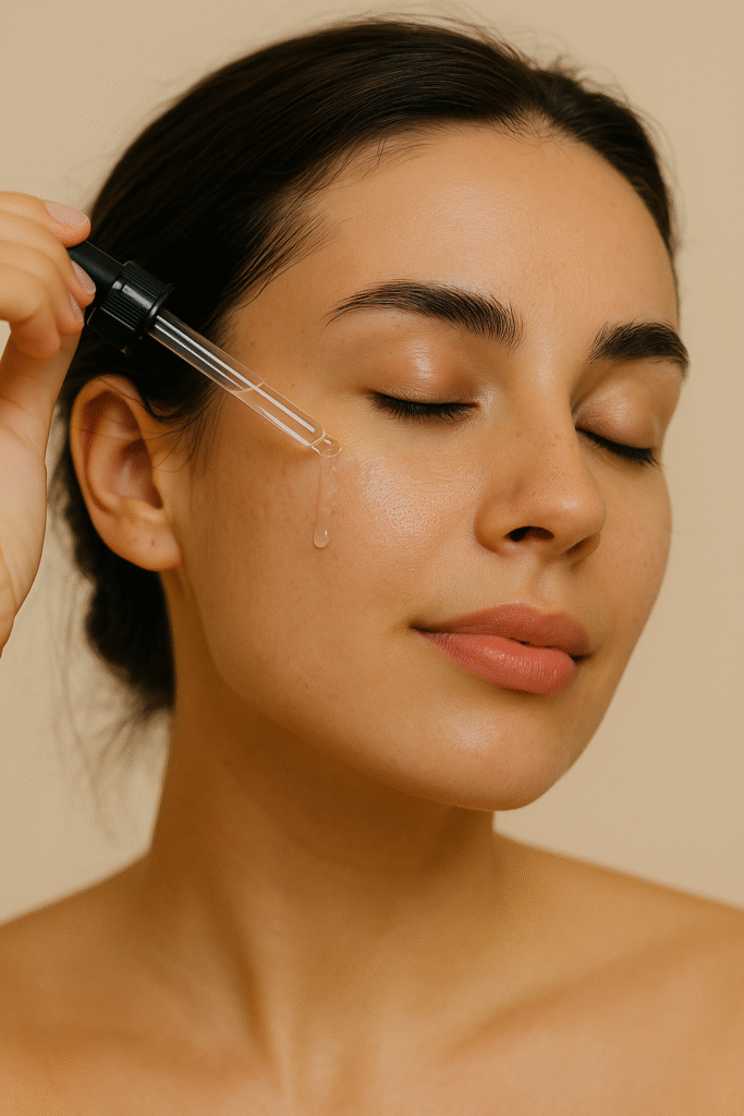 Young woman applying serum to her face with a glass dropper on a beige background, showcasing skincare routine.