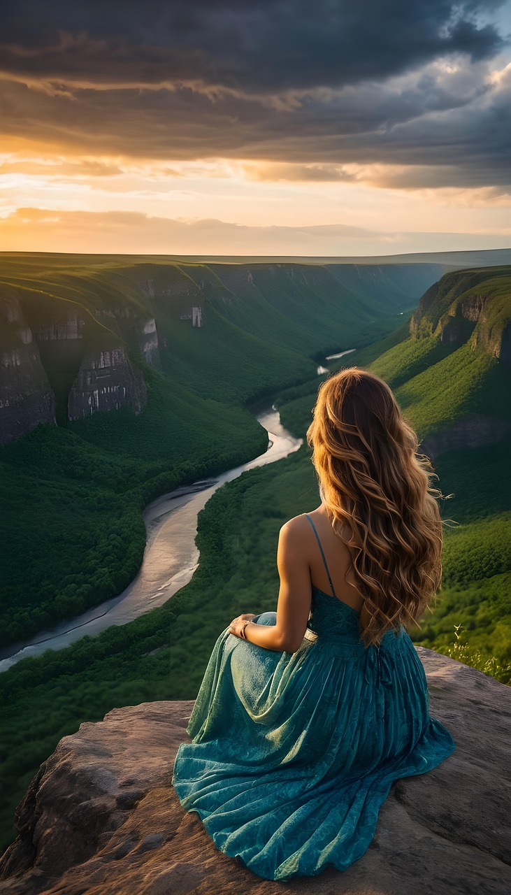 Frau sitzt allein auf einem Felsen und blickt ruhig über ein grünes Tal bei Sonnenuntergang – Symbol für innere Schönheit und Frieden.